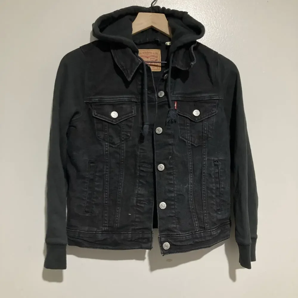 LEVIS Fit Hybrid Hooded Denim Trucker Hoodie Jean Jacket Black Women’s Size S